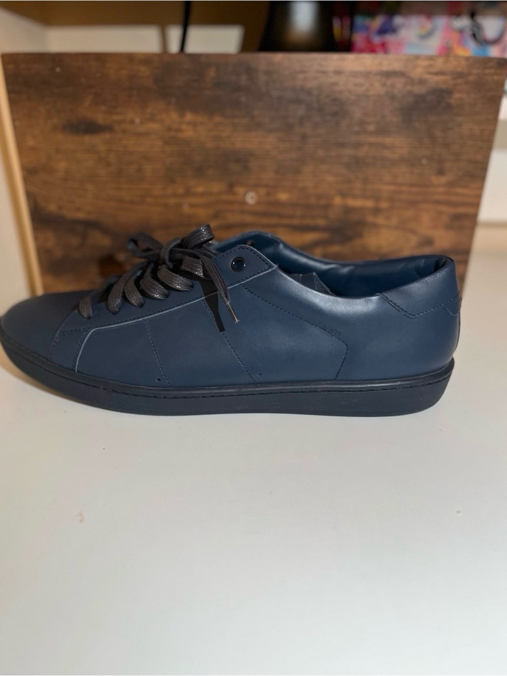 Saint Laurent Sl/01 Leather Low Trainer Sneakers Slim Navy Blue sz 46 - Picture 2 of 5